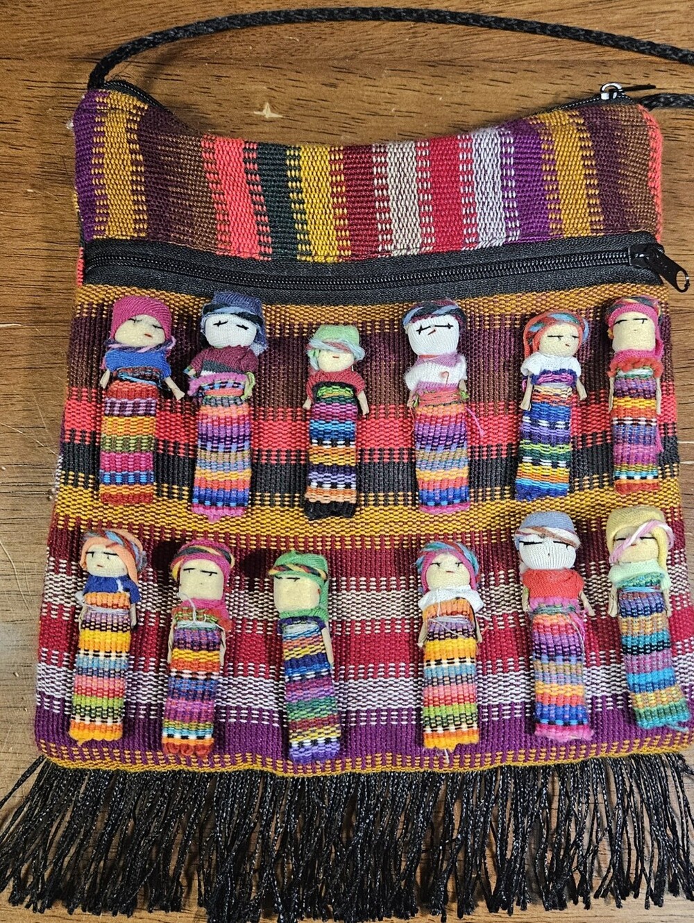 Worry Doll Crossbody Purse Woven Textile Boho Fringe  Bag